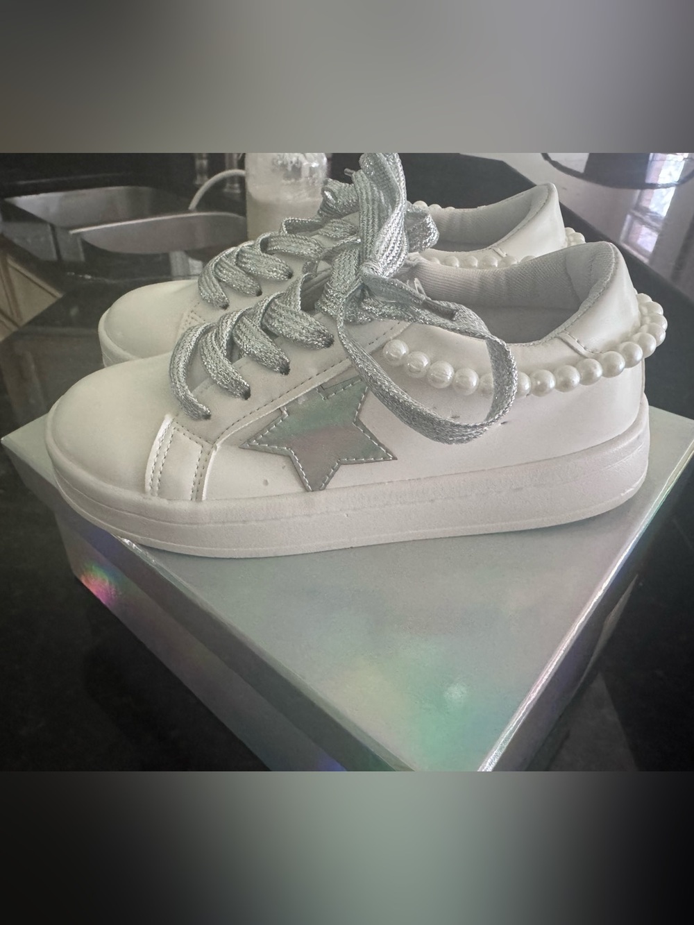 Lola + The Boys White Kids Sneakers with Silver Star and Pearls